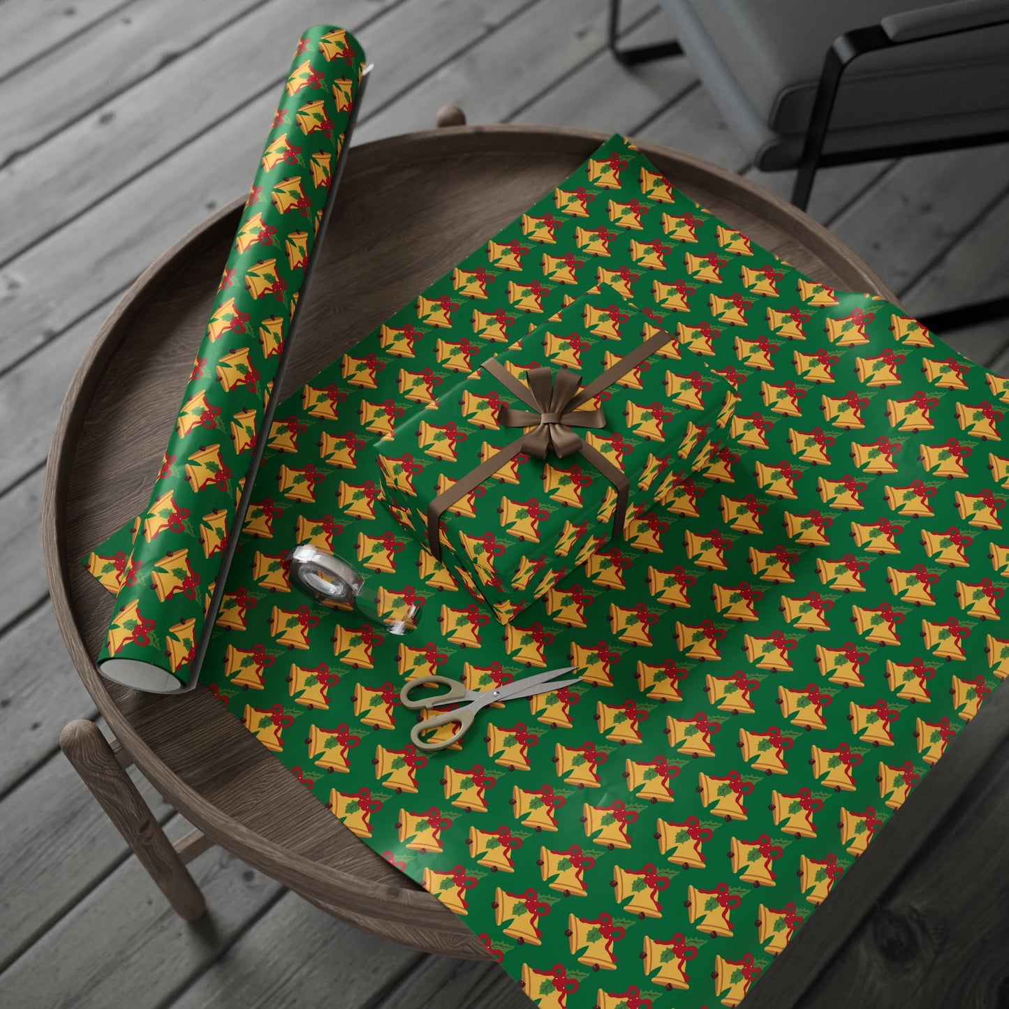 Christmas Bells Wrapping Paper Roll — Green Holly Holiday Gift Wrap