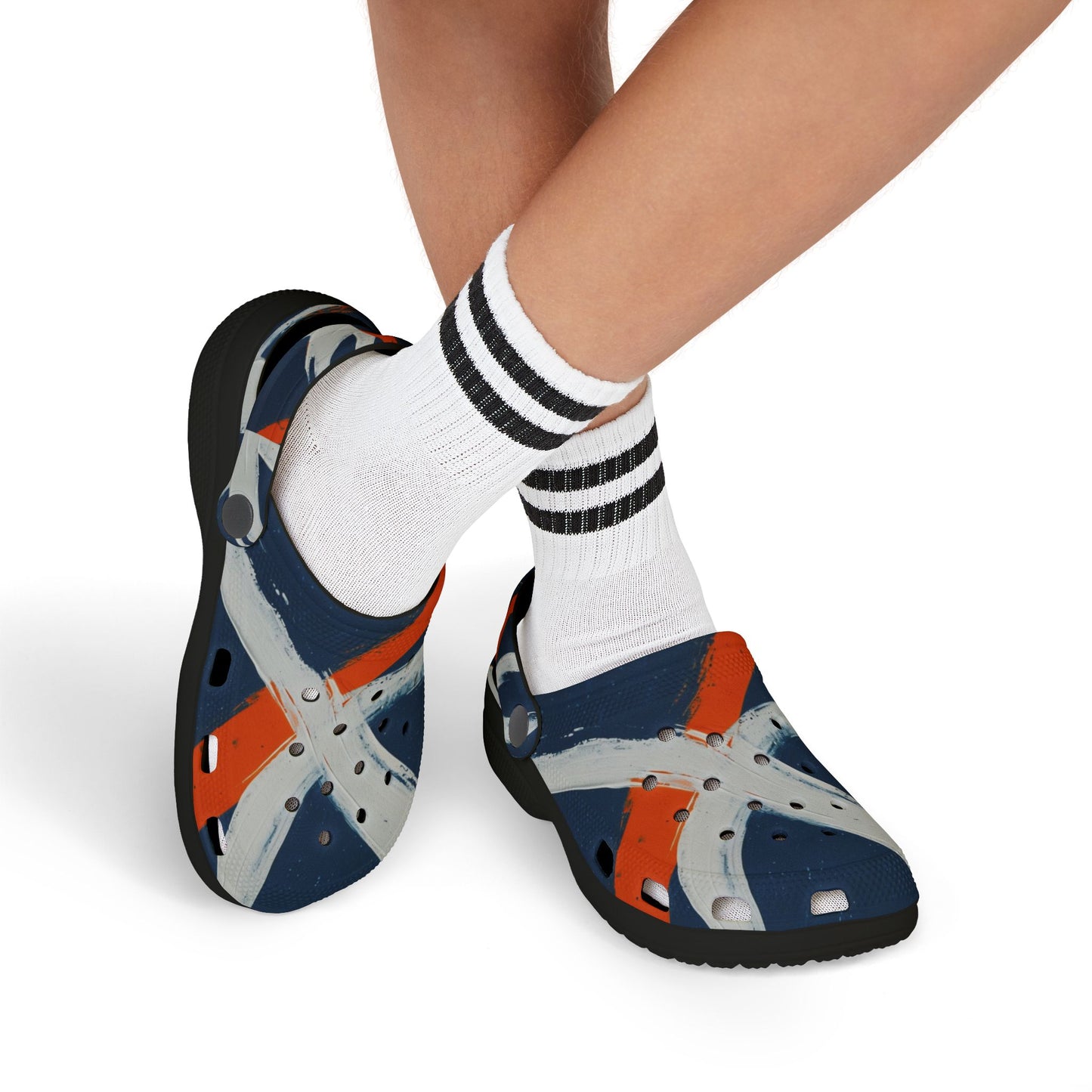 Kids Abstract Navy & Orange EVA Foam Clogs — Slip-On Summer Sandals
