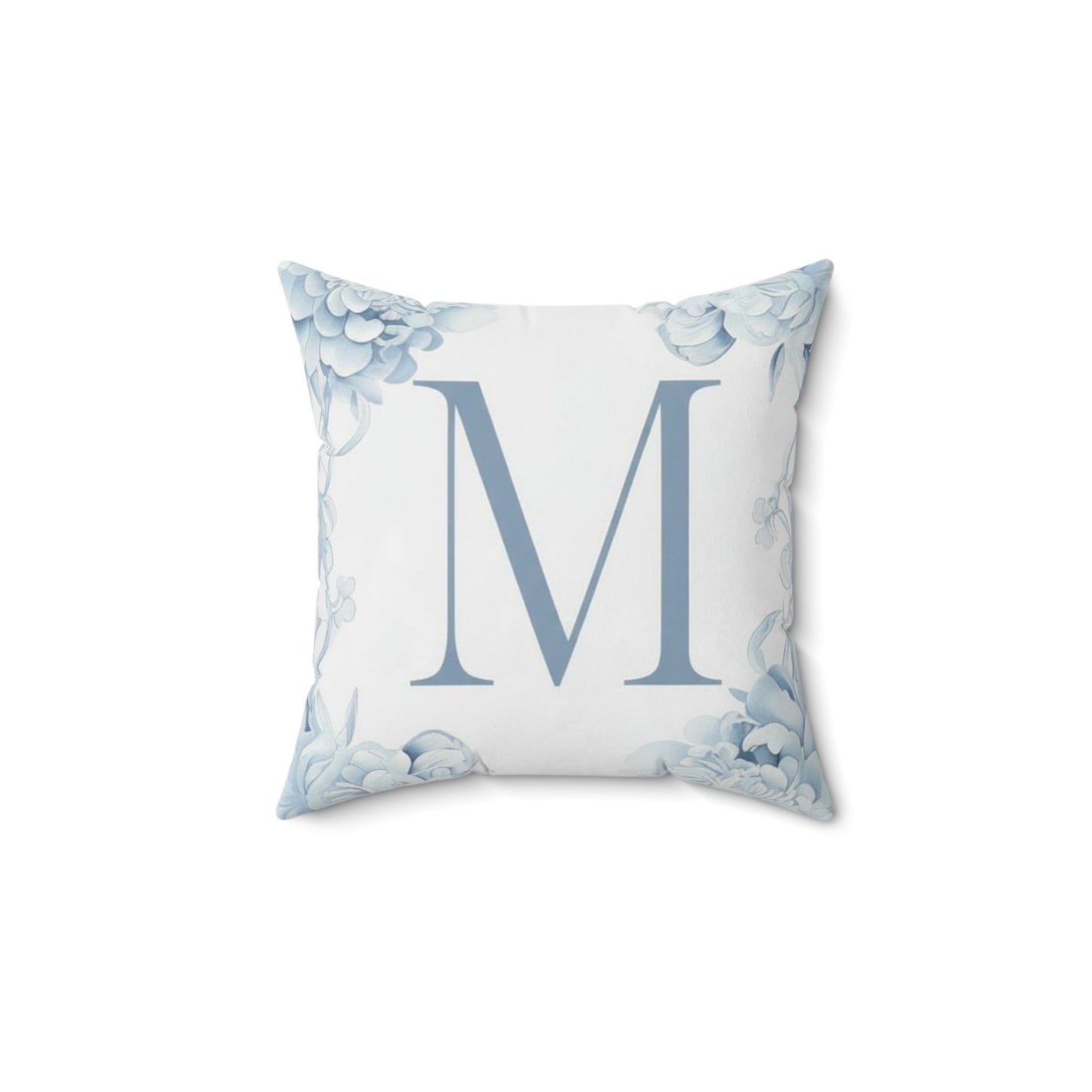 Monogram M Floral Pillow — Blue Initial Throw Pillow with insert