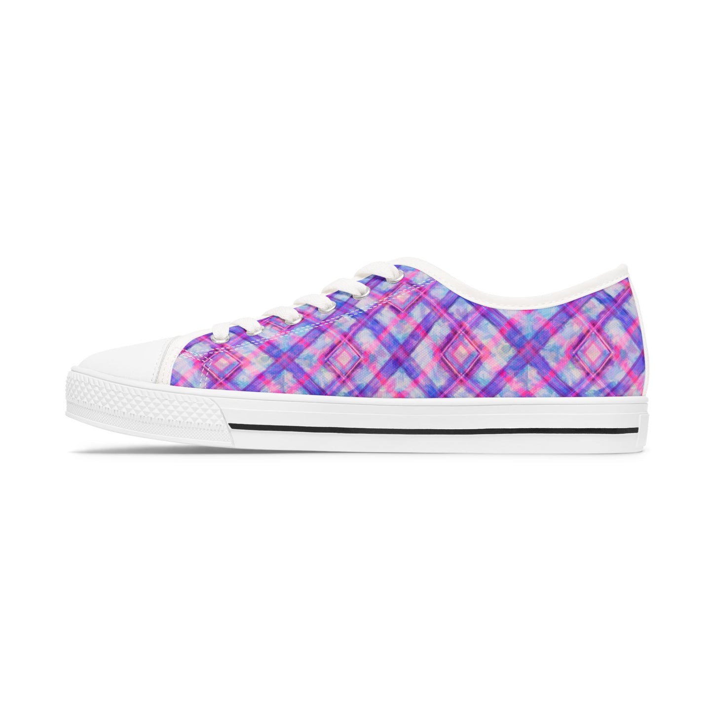 Women's Low Top Sneakers — Pink Purple Plaid Casual Canvas Shoes