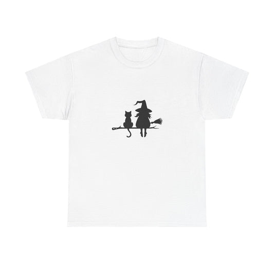 Witch and Cat Tee | Spooky Unisex Shirt for Halloween | Cute Witchwear for Cat Lovers | Fall Wardrobe Essential | Gift for Magical Friends
