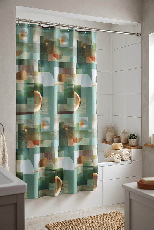 A shower curtain featuring an abstract geometric pattern with overlapping arches, circles, and rectangular blocks in muted green, beige, brown, and gray tones, hanging from a silver rod against a white background.