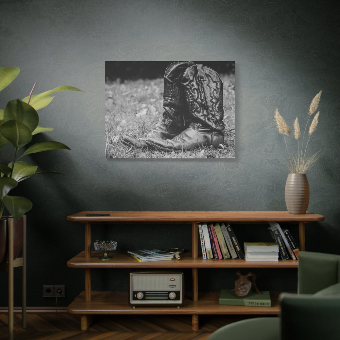 Western Cowboy Boots Matte Canvas Wall Art – Black & White Rustic Country Decor