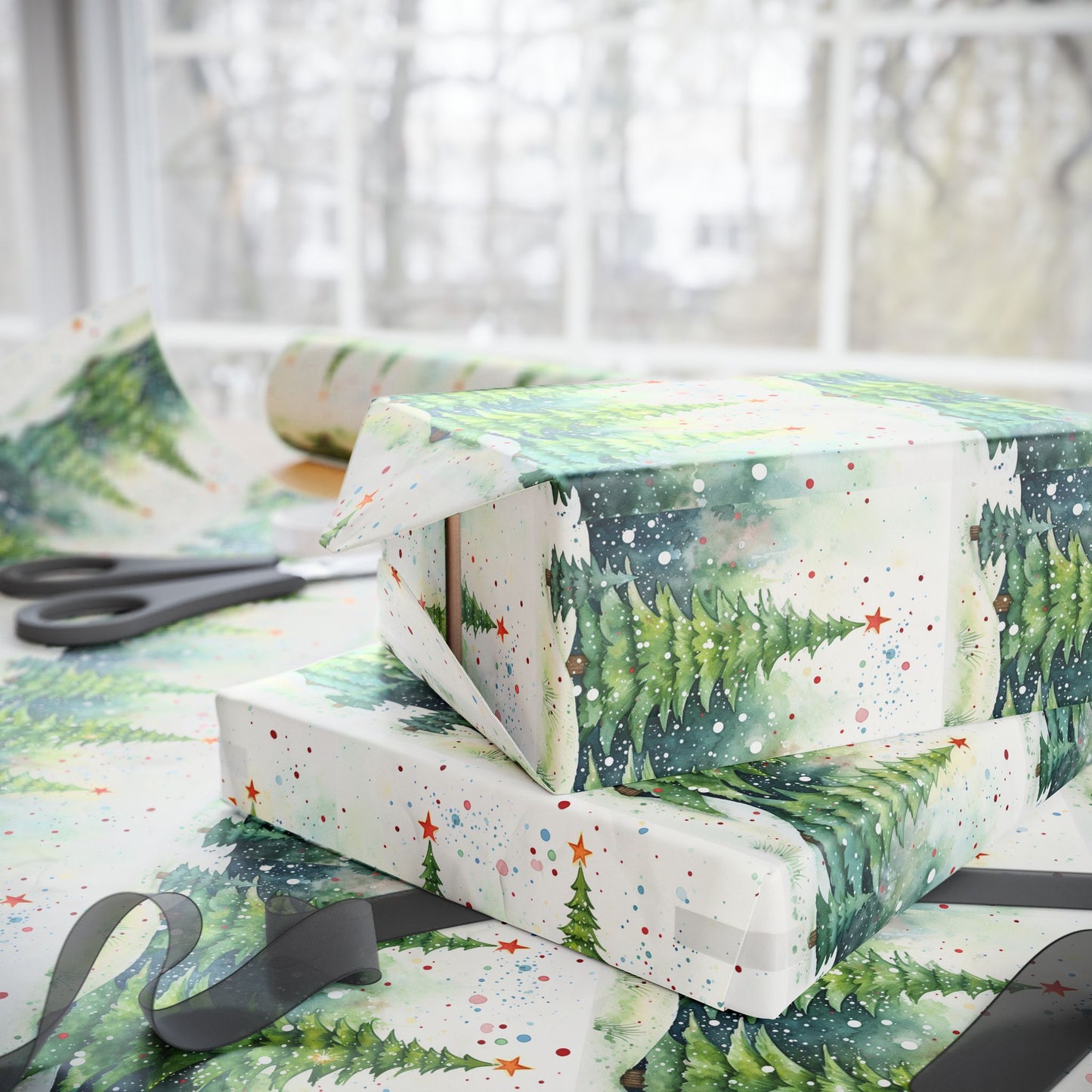 Holiday Christmas Tree Wrapping Paper Roll — Festive Green Pine Pattern for Gifts