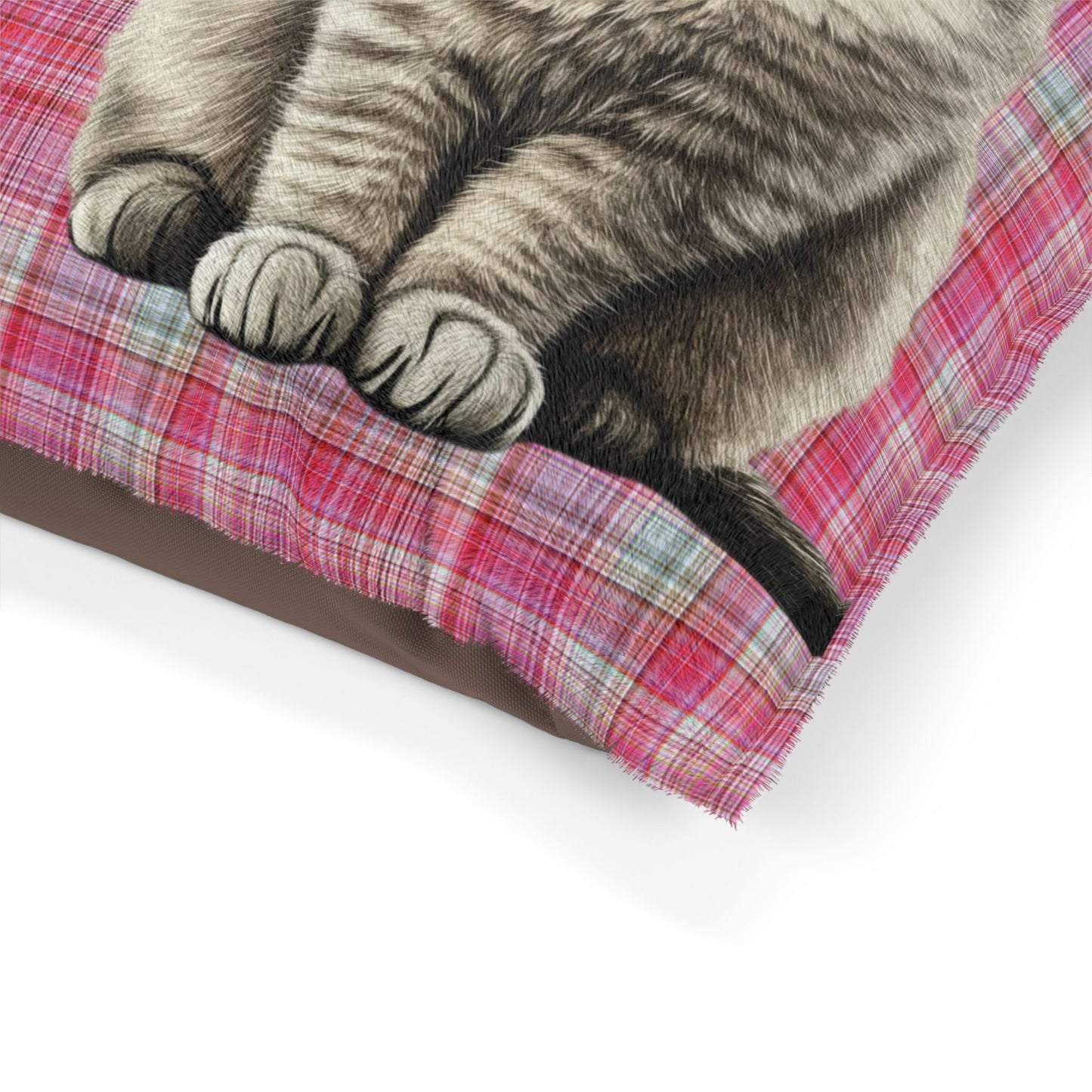 Smiling Gray Cat Plaid Pet Bed — Cozy Pink Cat Bed for Cats & Kittens