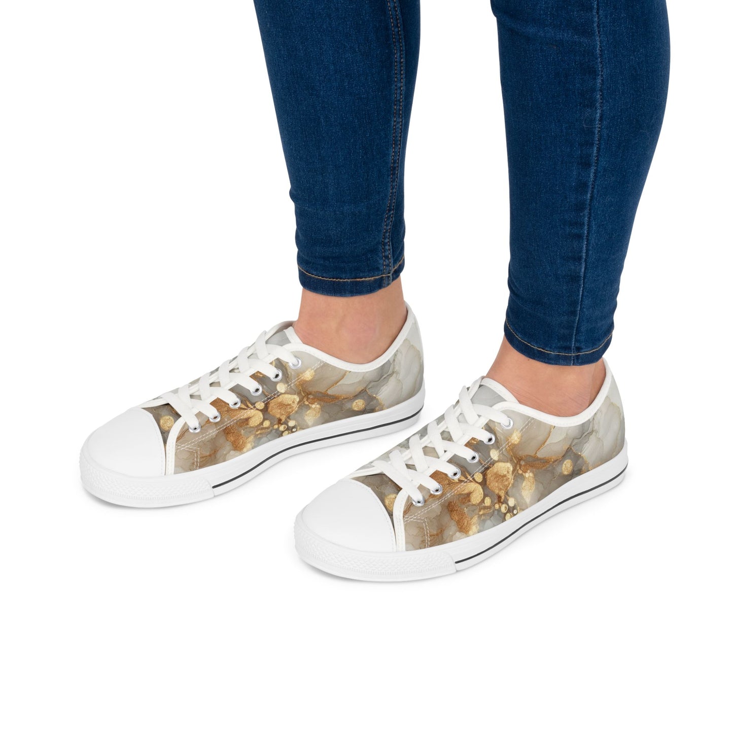 Gold Marble Women's Low Top Sneakers — Abstract Metallic Swirl Casual Shoes