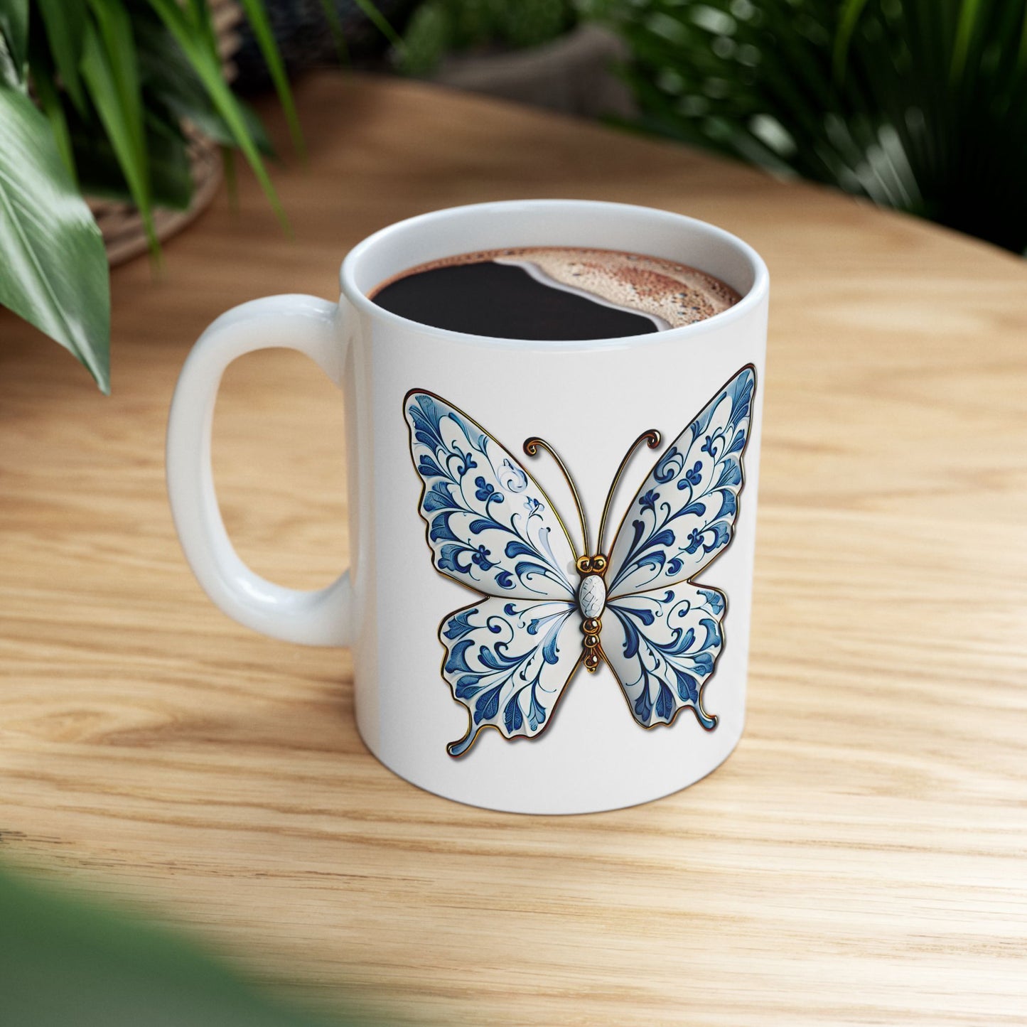 Blue Floral Butterfly Ceramic Mug — Decorative 11oz & 15oz Coffee Cup