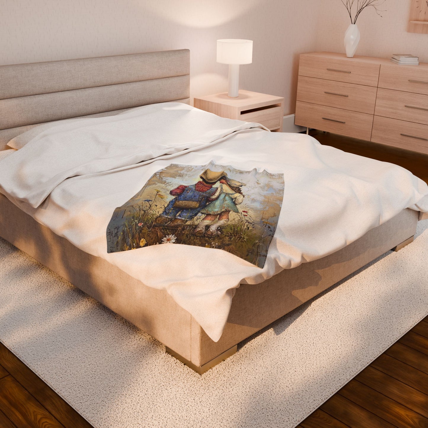 Vintage Children Standing Together Velveteen Plush Blanket — Rustic Nursery Throw