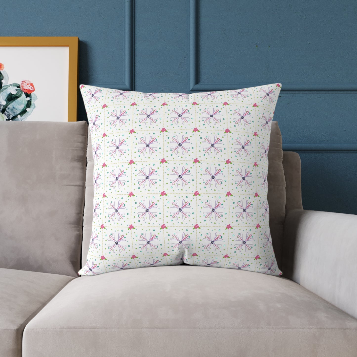 Floral Geometric Square Pillow – Pink & Lavender Patterned Throw Cushion