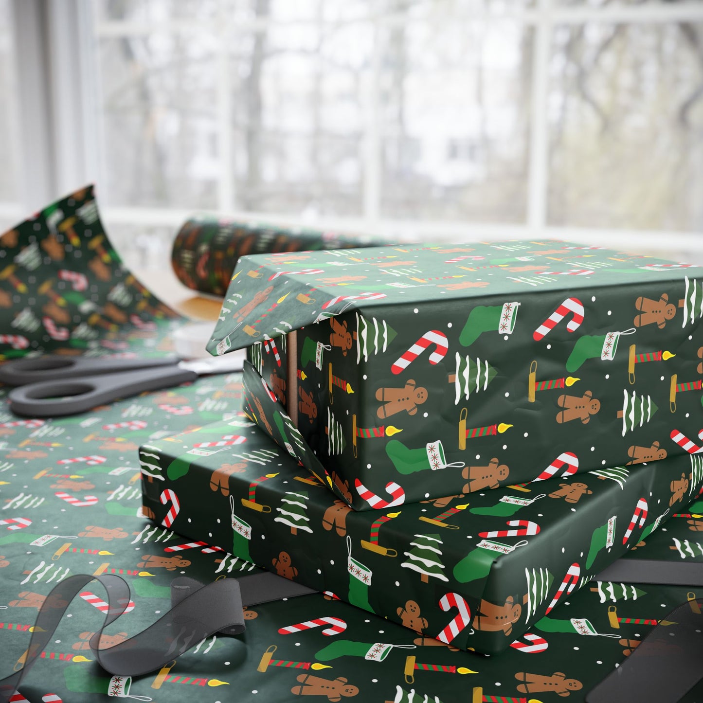 Christmas Wrapping Paper Roll — Gingerbread & Candy Cane Pattern on Dark Green
