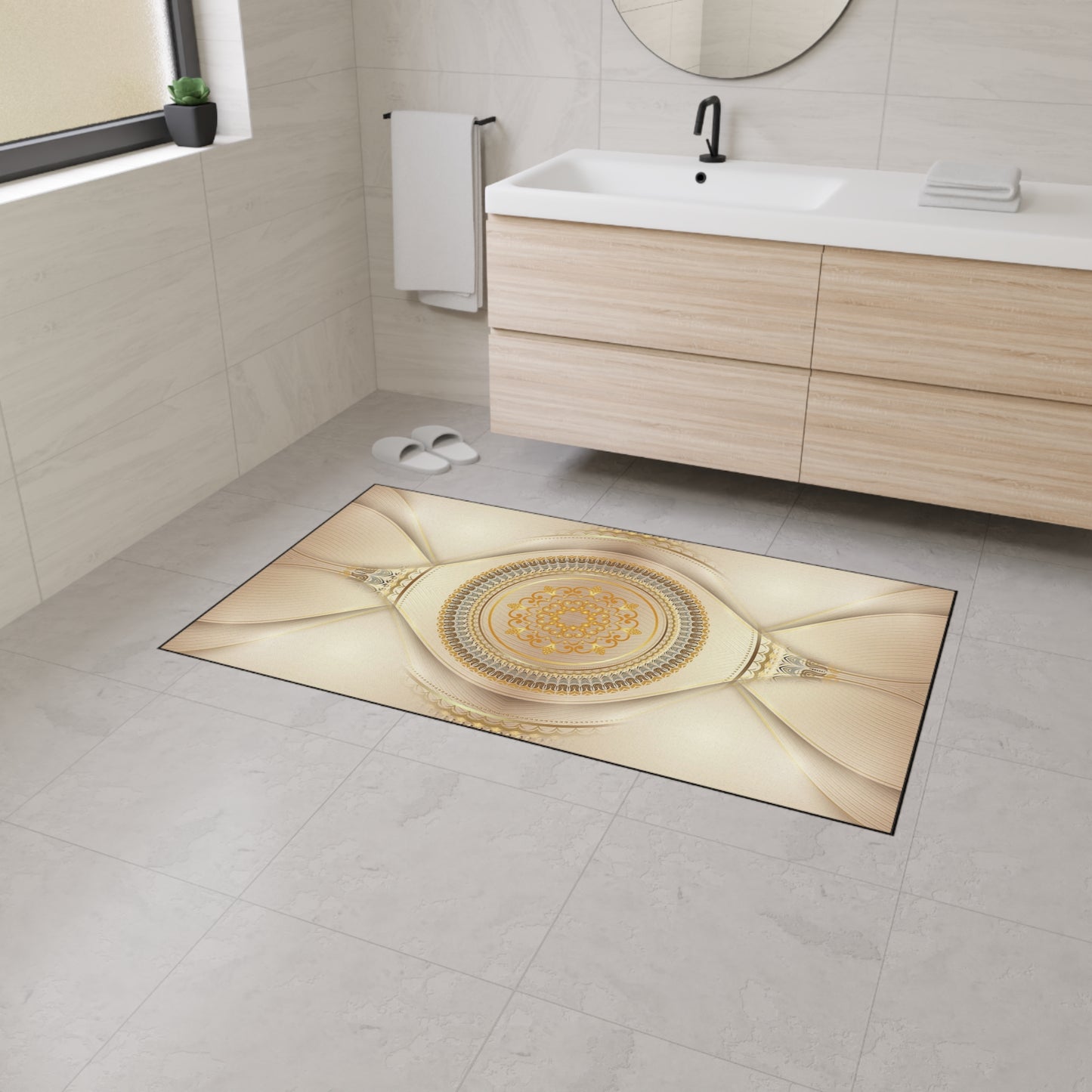Decorative Heavy Duty Floor Mat — Elegant Gold Mandala Design