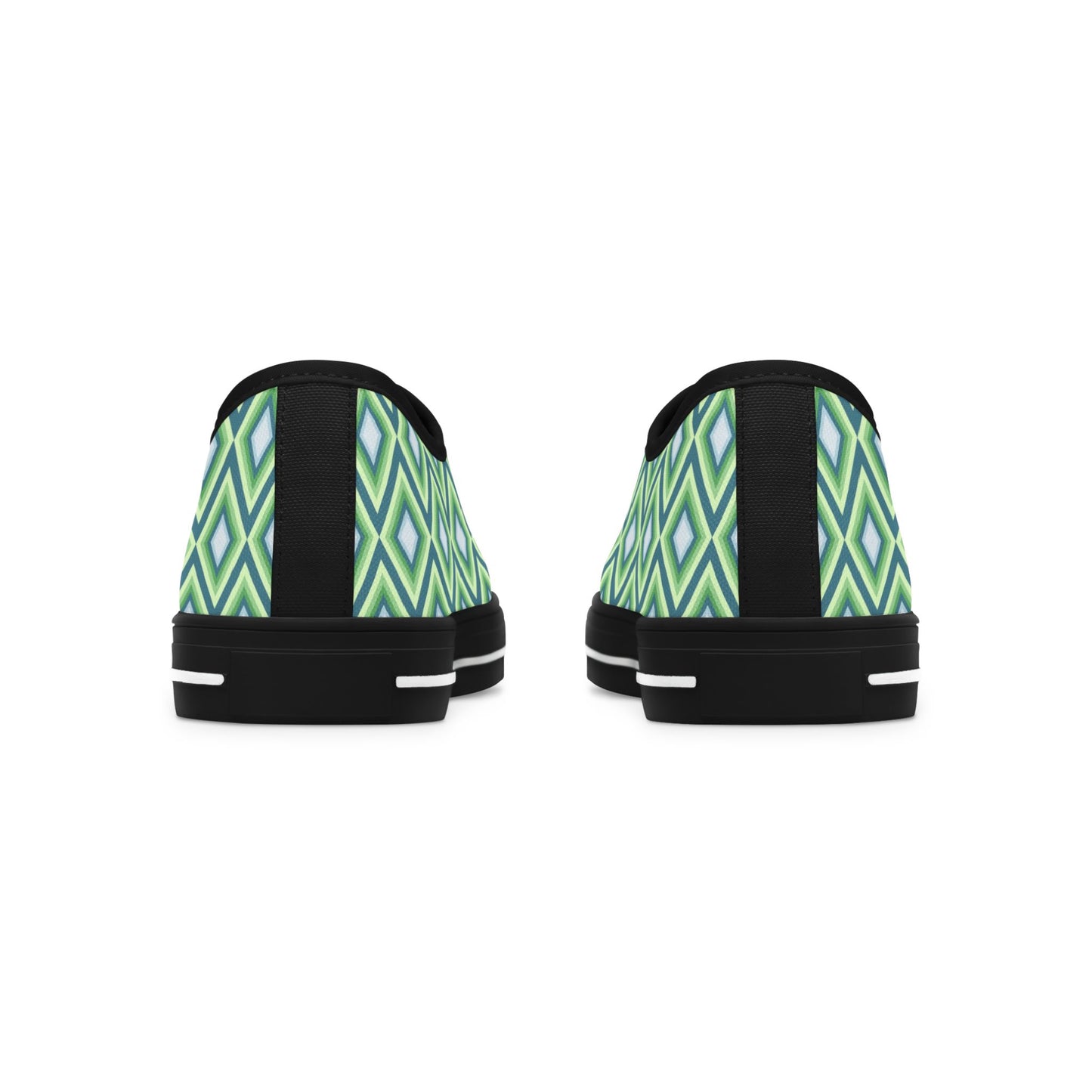 Green Geometric Diamond Pattern Women's Low Top Sneakers — Casual Retro Graphic Tennis Shoes