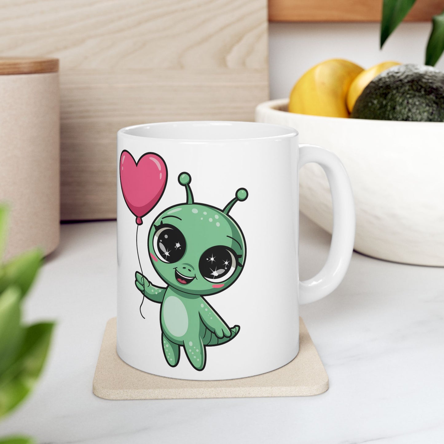 Cute Alien Holding Heart Balloon Ceramic Mug — 11oz & 15oz Gift Mug