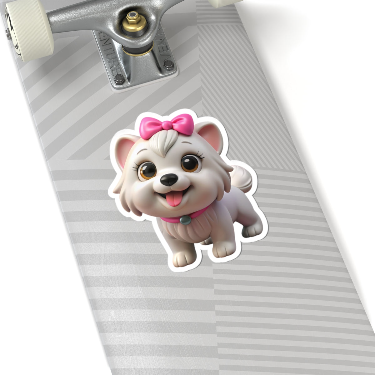 Cute White Puppy Kiss-Cut Sticker — Adorable Bow-Wearing Dog Laptop Decal