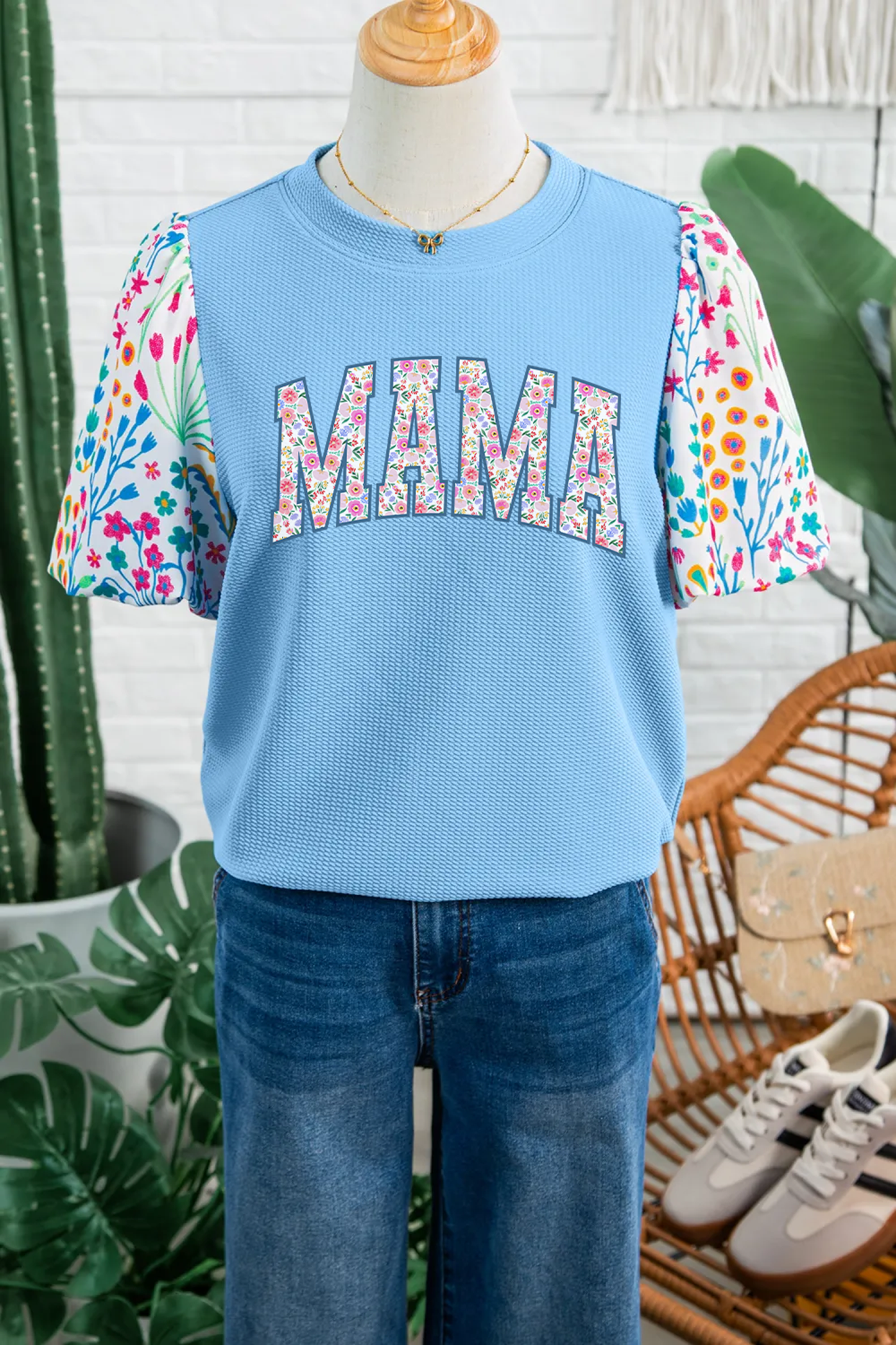 Light Blue Floral Sleeve Mama Graphic Top with Textured Knit