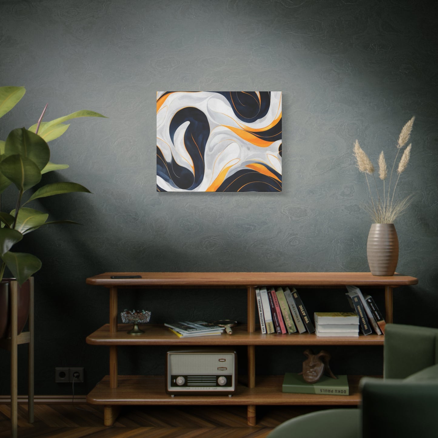 Abstract Fluid Art Matte Canvas Print — Navy, Gold & White Stretched Wall Art
