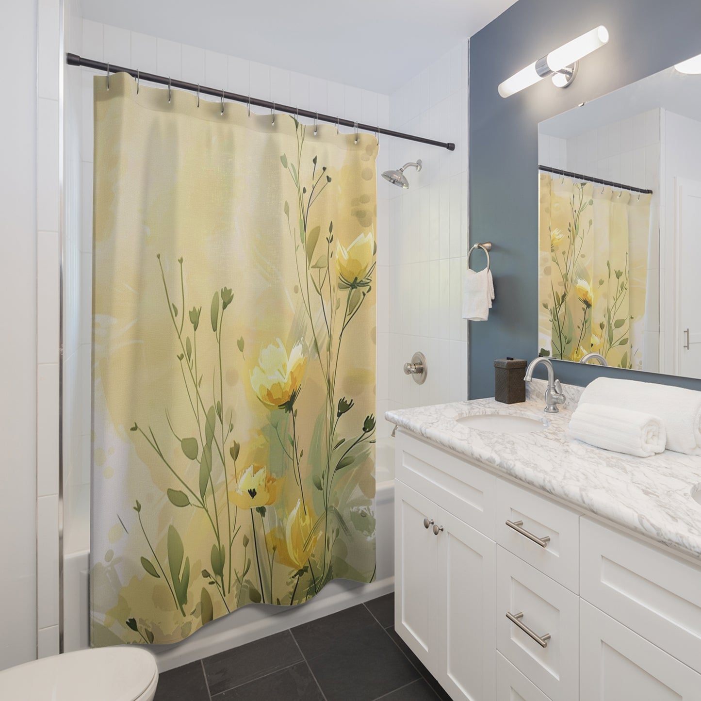Floral Meadow Shower Curtain — Soft Yellow Wildflower Bathroom Curtain