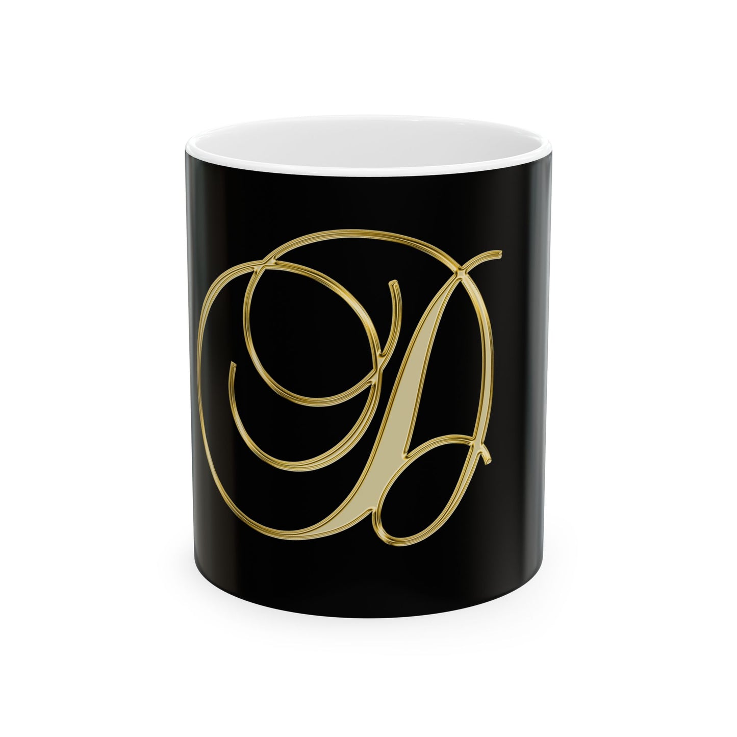 Monogram 'D' Gold Script Ceramic Mug — Elegant Initial Coffee Cup (11oz, 15oz)