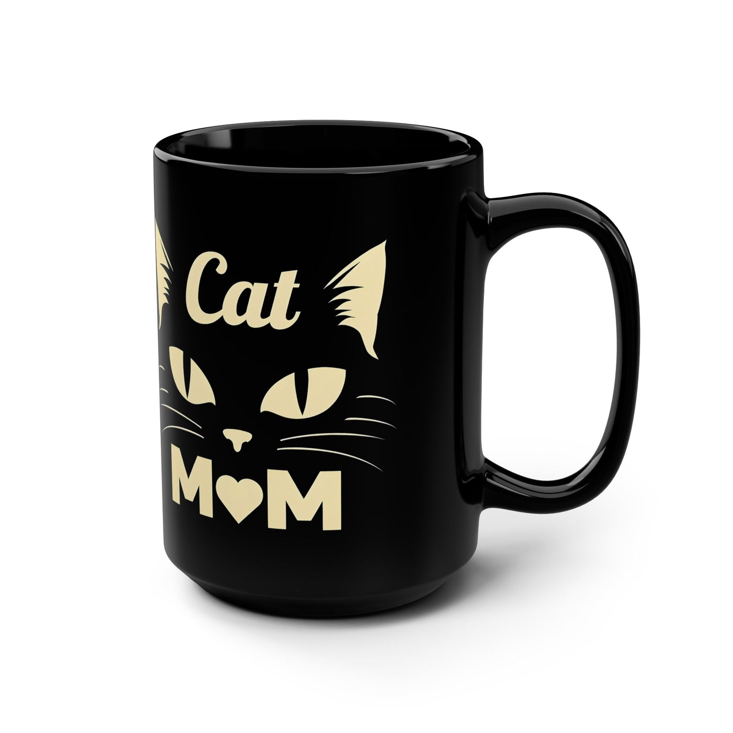 Cat Mom 15oz Black Mug — Cute Cat Face Coffee Cup for Cat Lovers