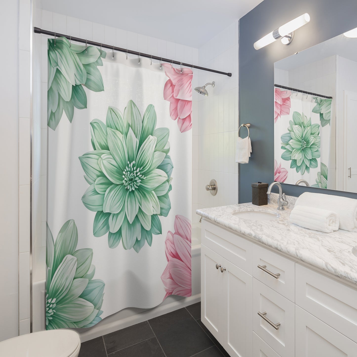 Floral Dahlia Shower Curtain — Soft Green & Pink Bathroom Decor