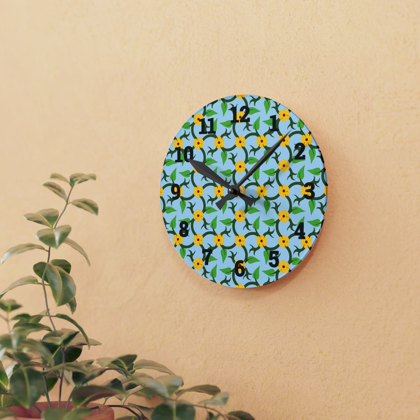 Vibrant Floral Acrylic Wall Clock, Modern Home Decor, Kitchen Wall Art