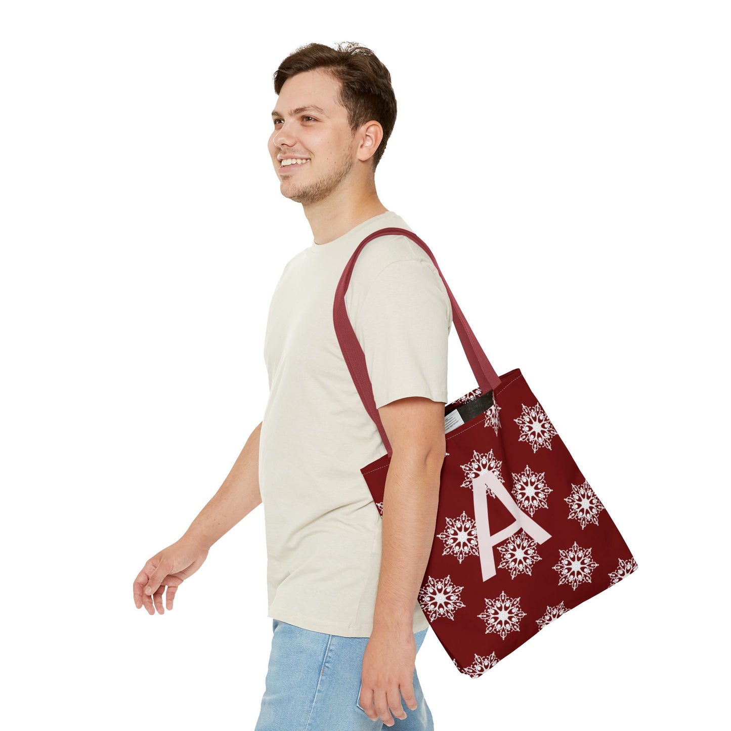 Monogram A Snowflake Tote Bag — Personalized Holiday AOP Tote