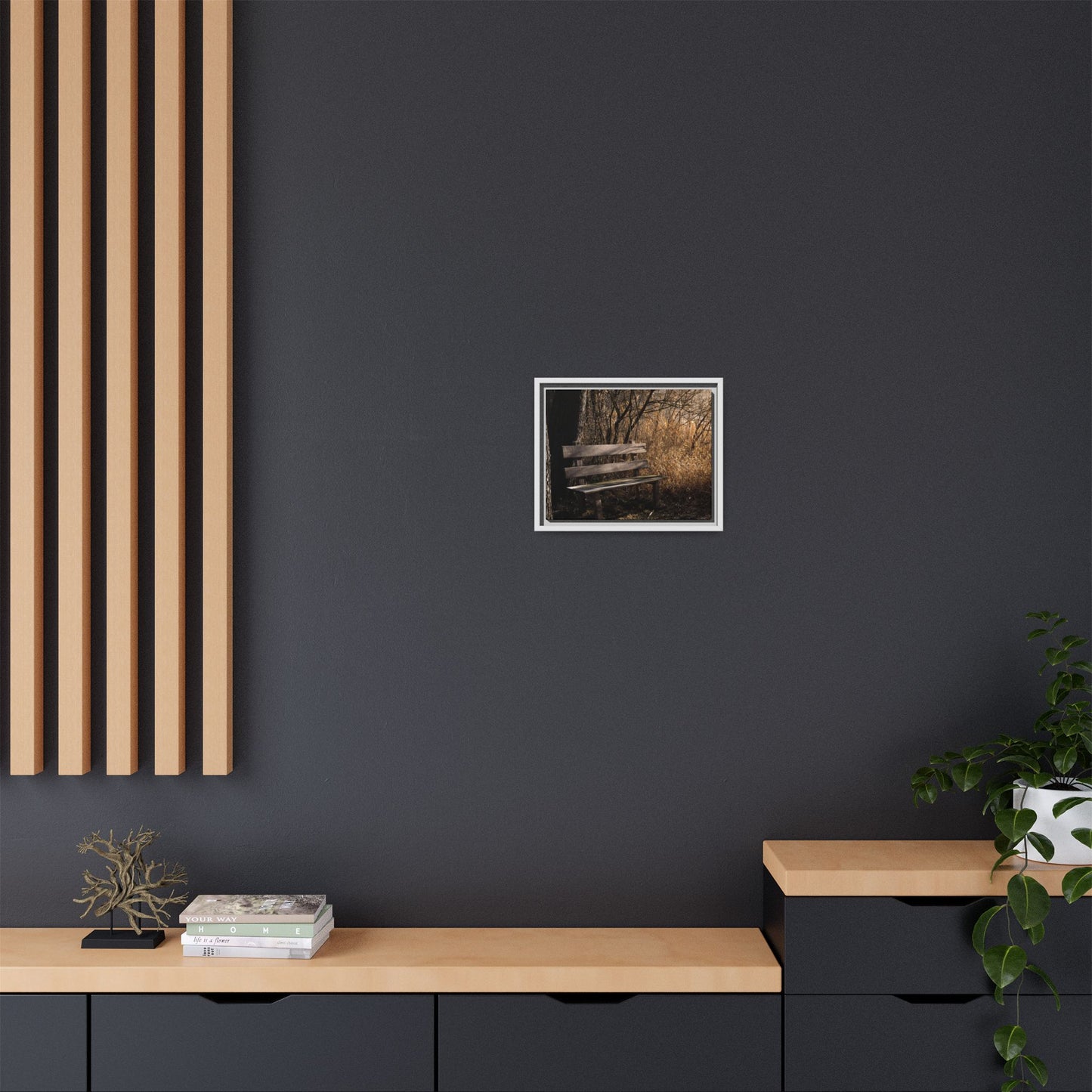 Framed Matte Canvas Print — Autumn Park Bench Photography