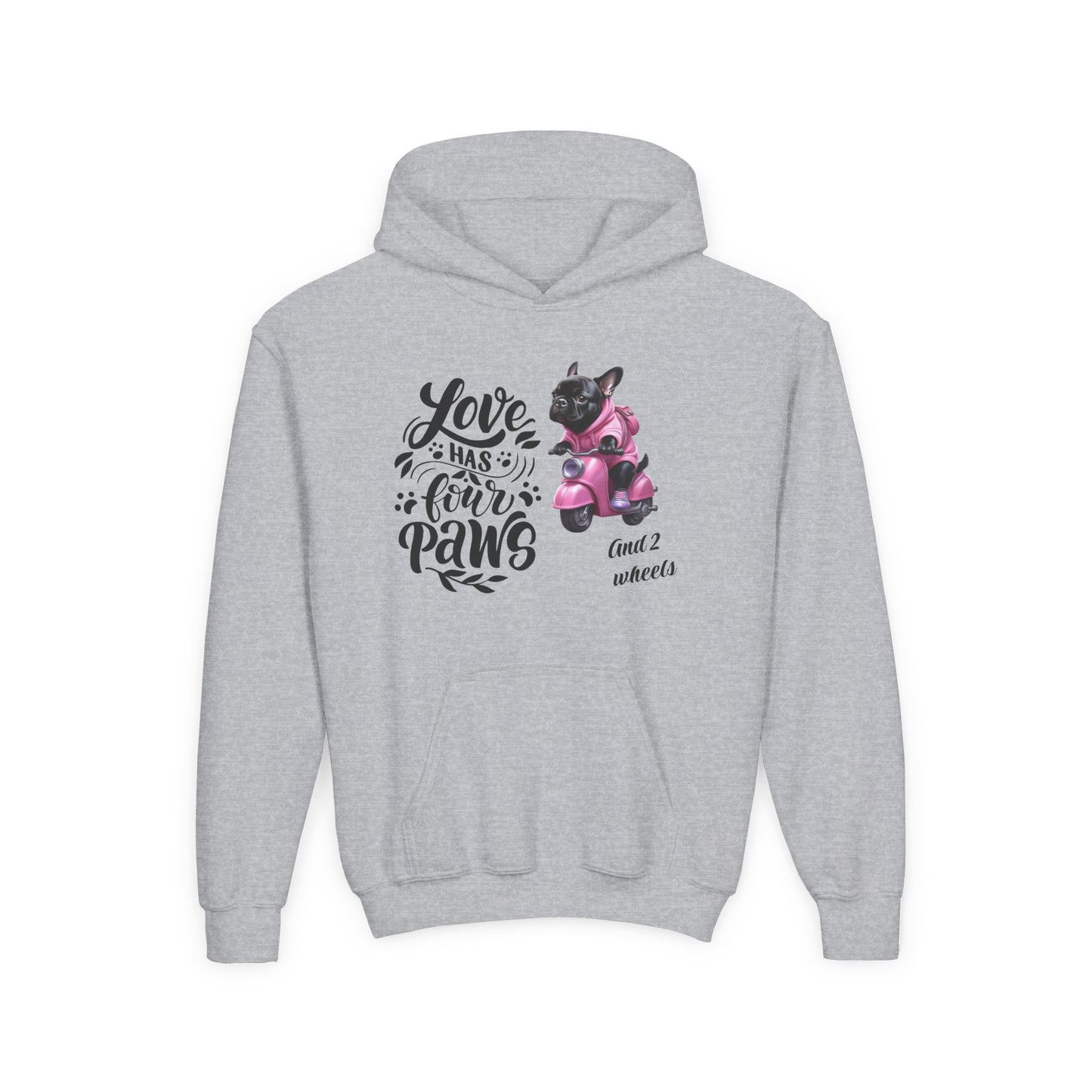 Youth Hoodie — "Love Has Four Paws" Pink Scooter French Bulldog Graphic