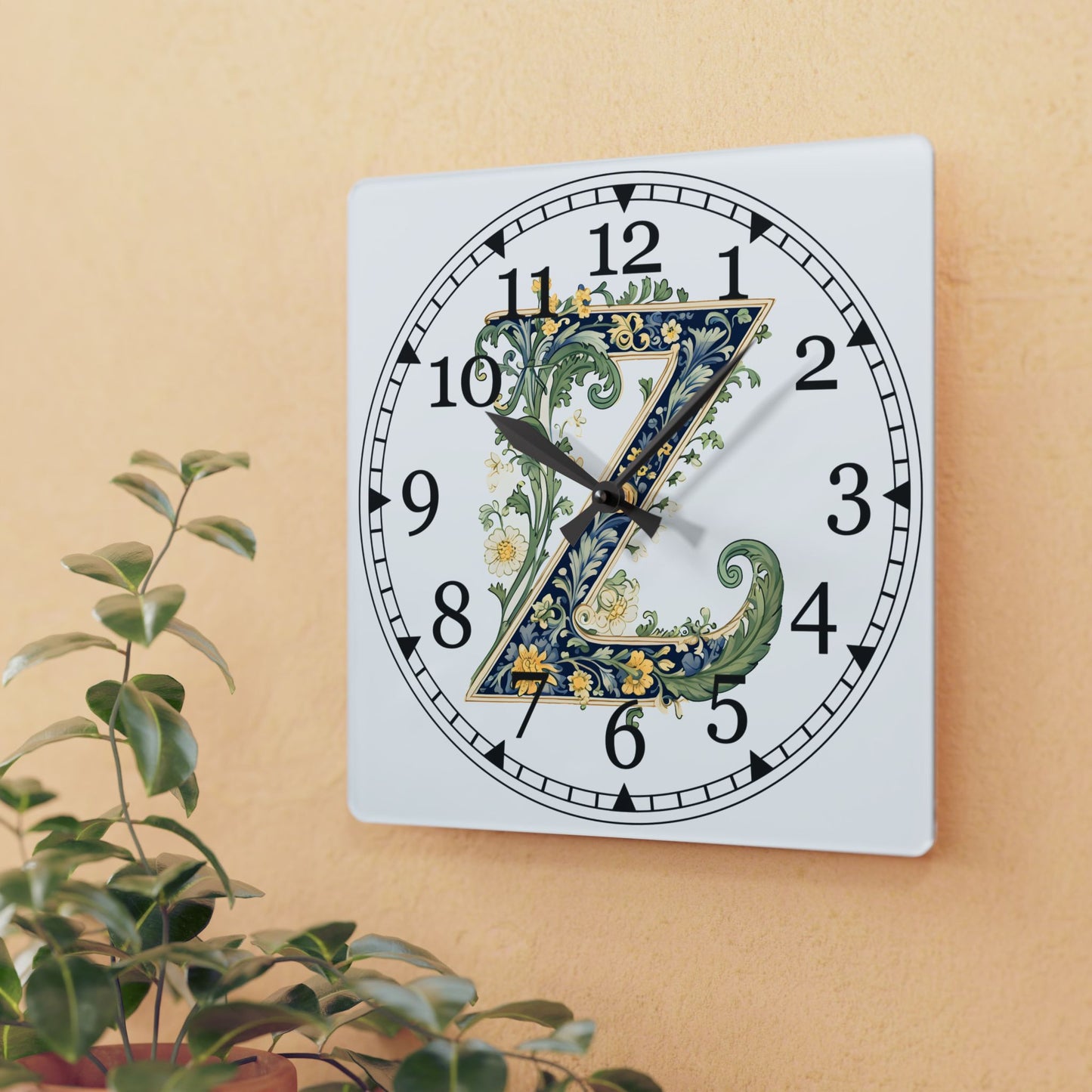 Floral Monogram "Z" Acrylic Wall Clock — Vintage Botanical Initial Clock