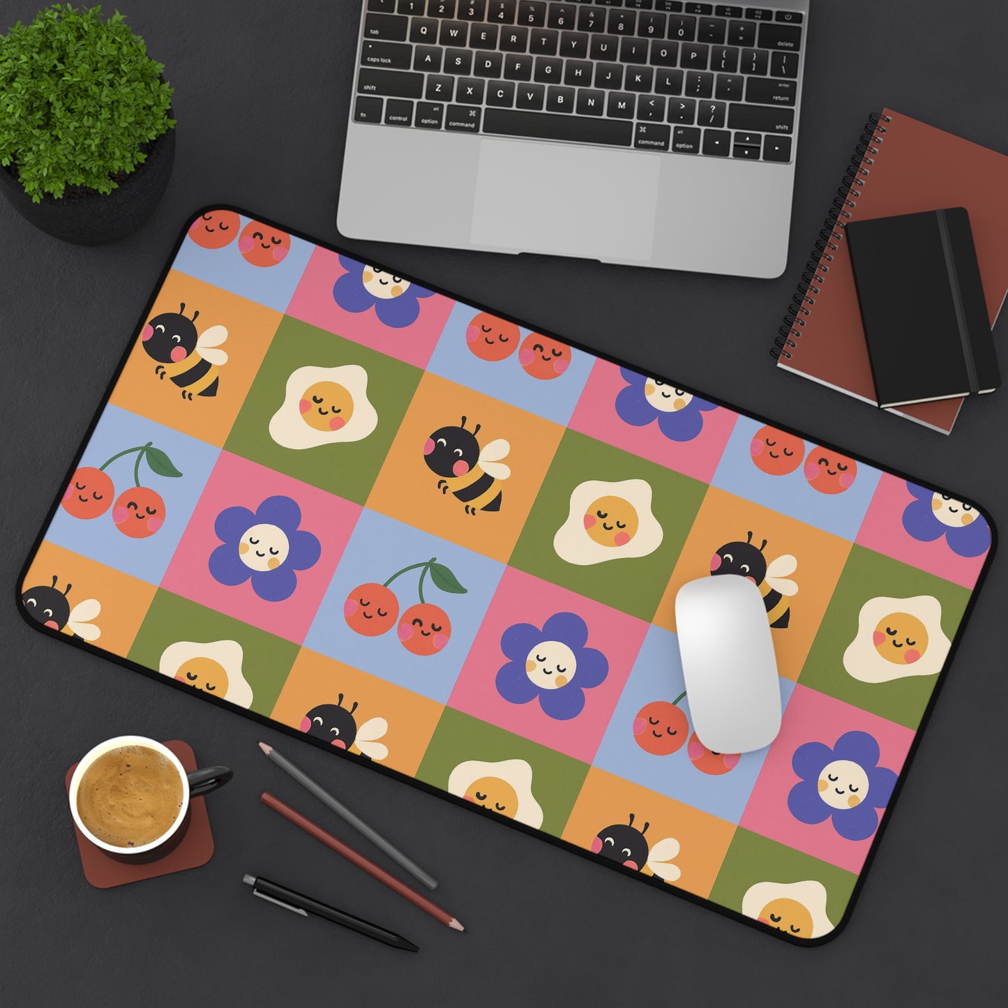 Cute Floral & Bees Desk Mat — Colorful Checkerboard Mouse Pad for Kids & Home Office