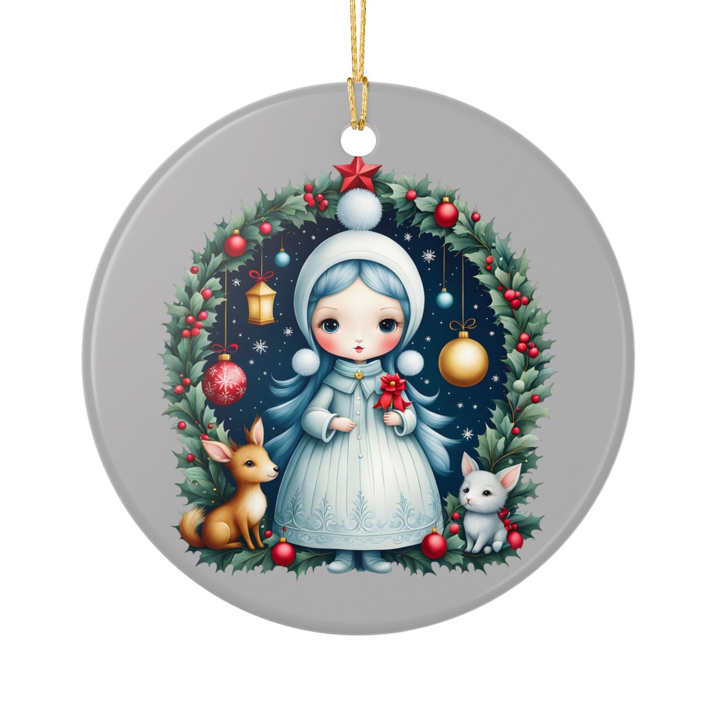 Snow Maiden Ceramic Christmas Ornament — Cute Winter Girl Wreath Design (2-Sided)