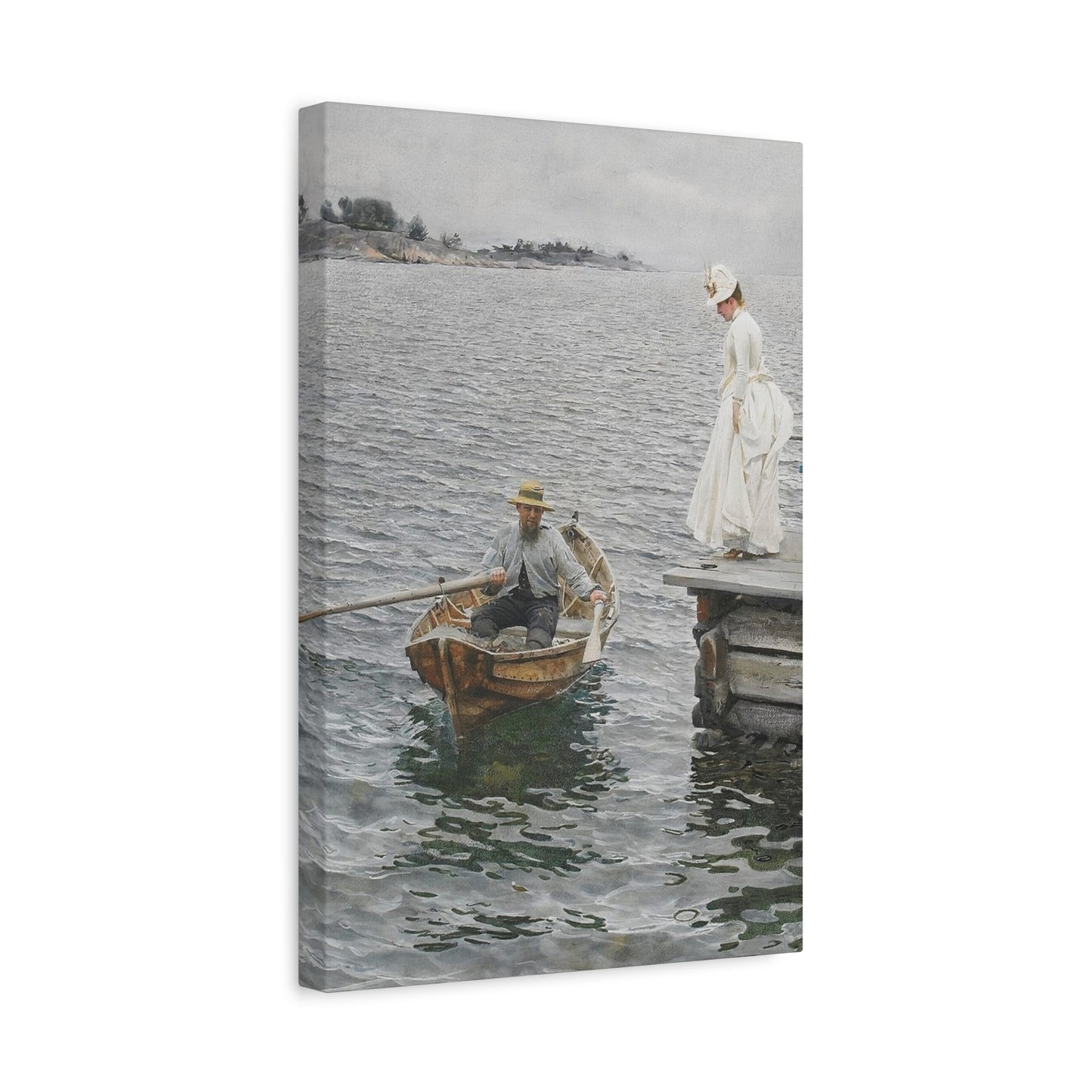 Seaside Stroll Canvas Print — Vintage Woman & Rowboat Matte Stretched Art 1.25"