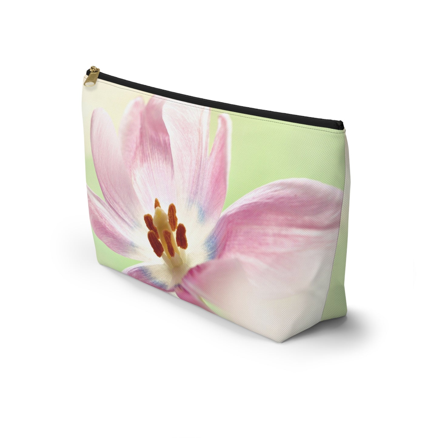 Pink Tulip Floral Accessory Pouch — Cosmetic Makeup Bag with T-Bottom