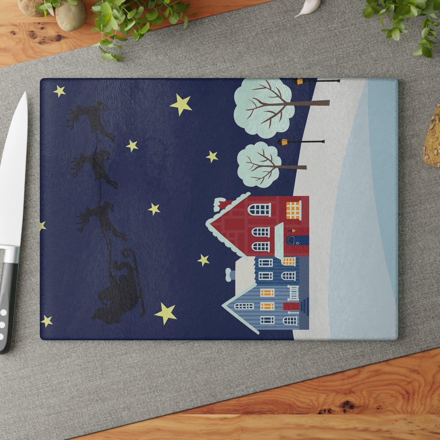Santa Sleigh over Snowy Village Glass Cutting Board Christmas Kitchen Decor