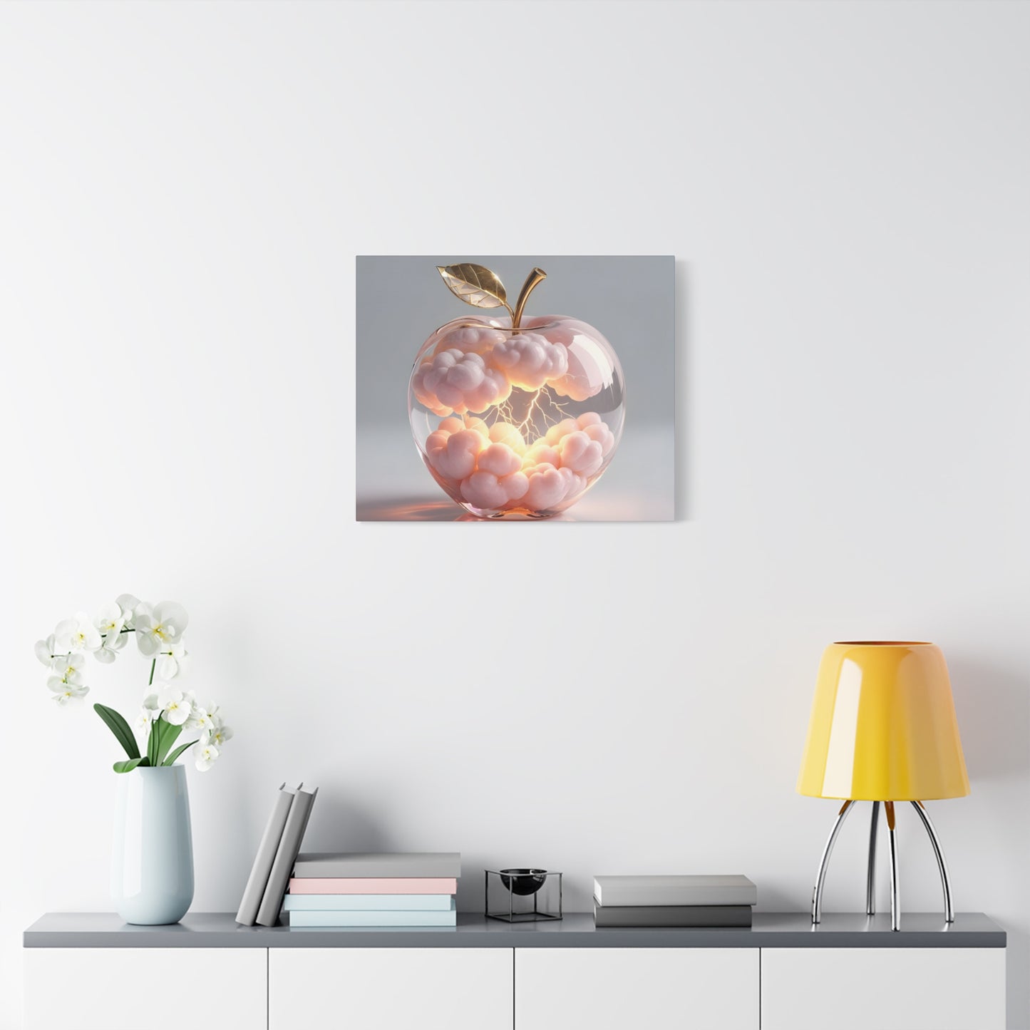 Surreal Glass Apple Canvas – Lightning & Pink Clouds Wall Art