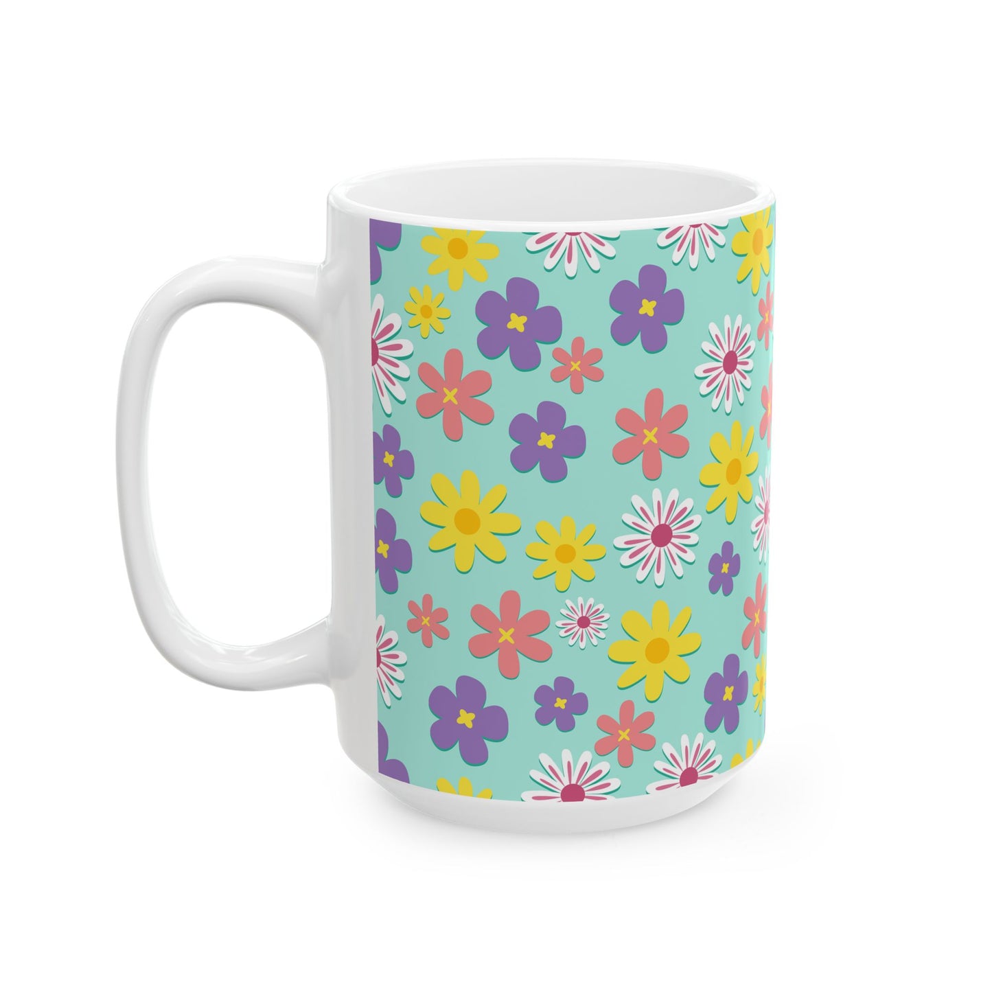 Turquoise Floral Pattern Mug — Colorful Daisy Coffee Cup (11oz & 15oz)