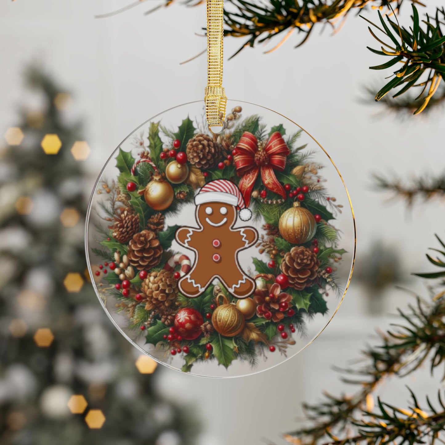 Gingerbread Wreath Acrylic Ornament – Cute Holiday Christmas Tree Decor