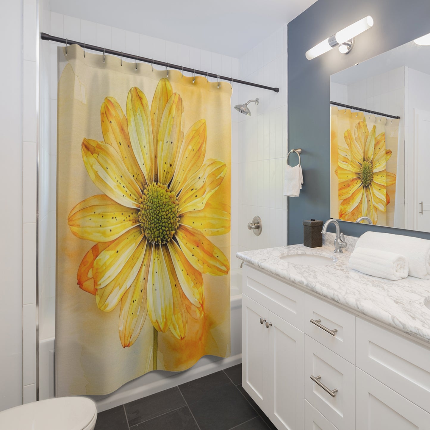 Yellow Daisy Shower Curtain — Bright Floral Bathroom Decor