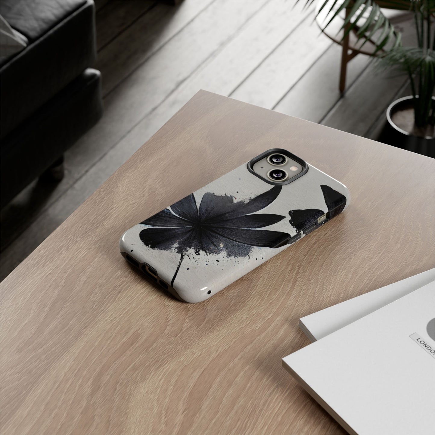 Monochrome Floral Tough Phone Case — Black Ink Flower Protective Cover