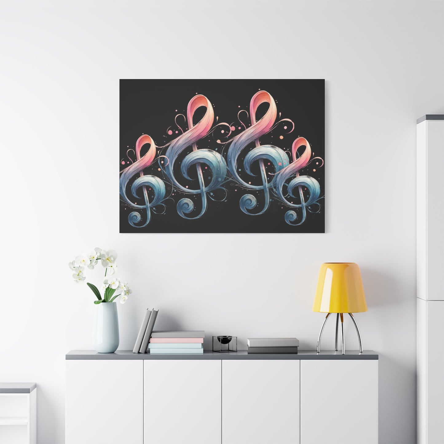 Musical Treble Clef Canvas Wall Art — Pastel Ribbon Notes on Black