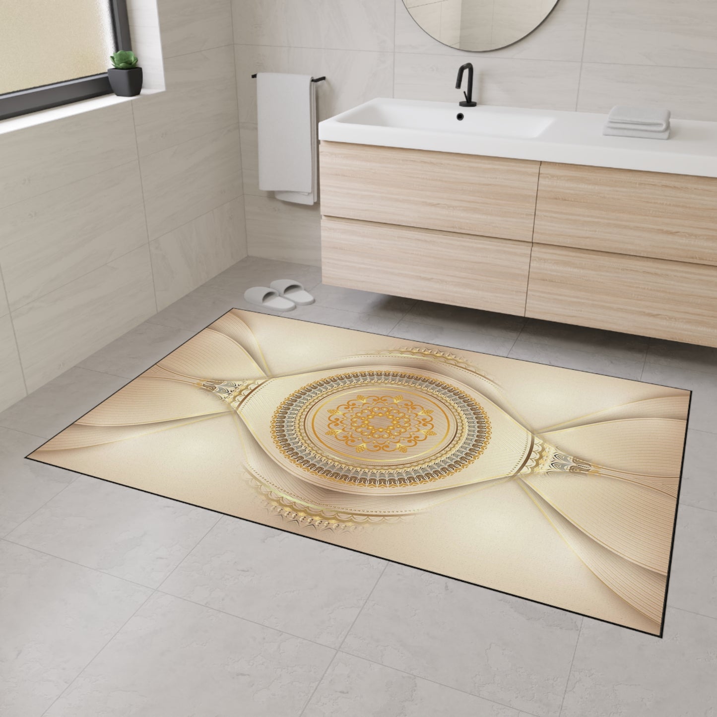 Decorative Heavy Duty Floor Mat — Elegant Gold Mandala Design