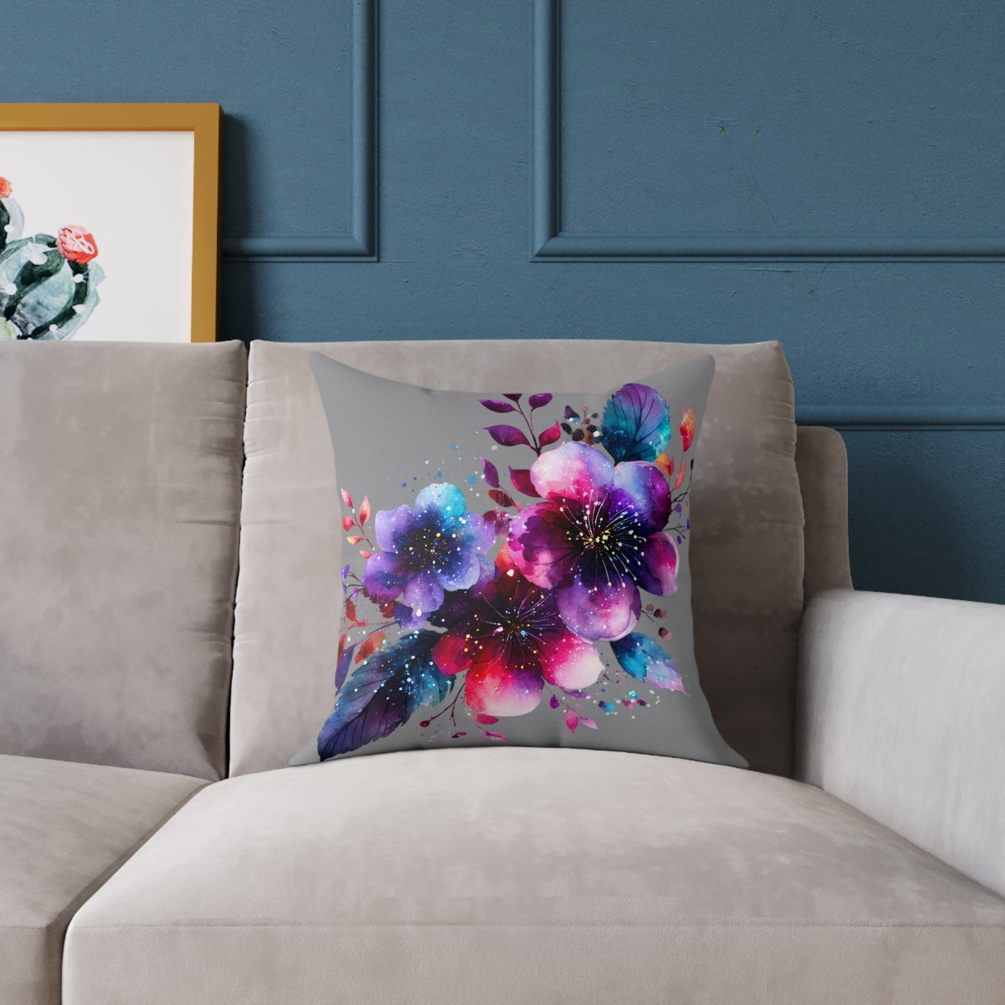 Floral Galaxy Pillow — Vibrant Watercolor Flower Square Pillow