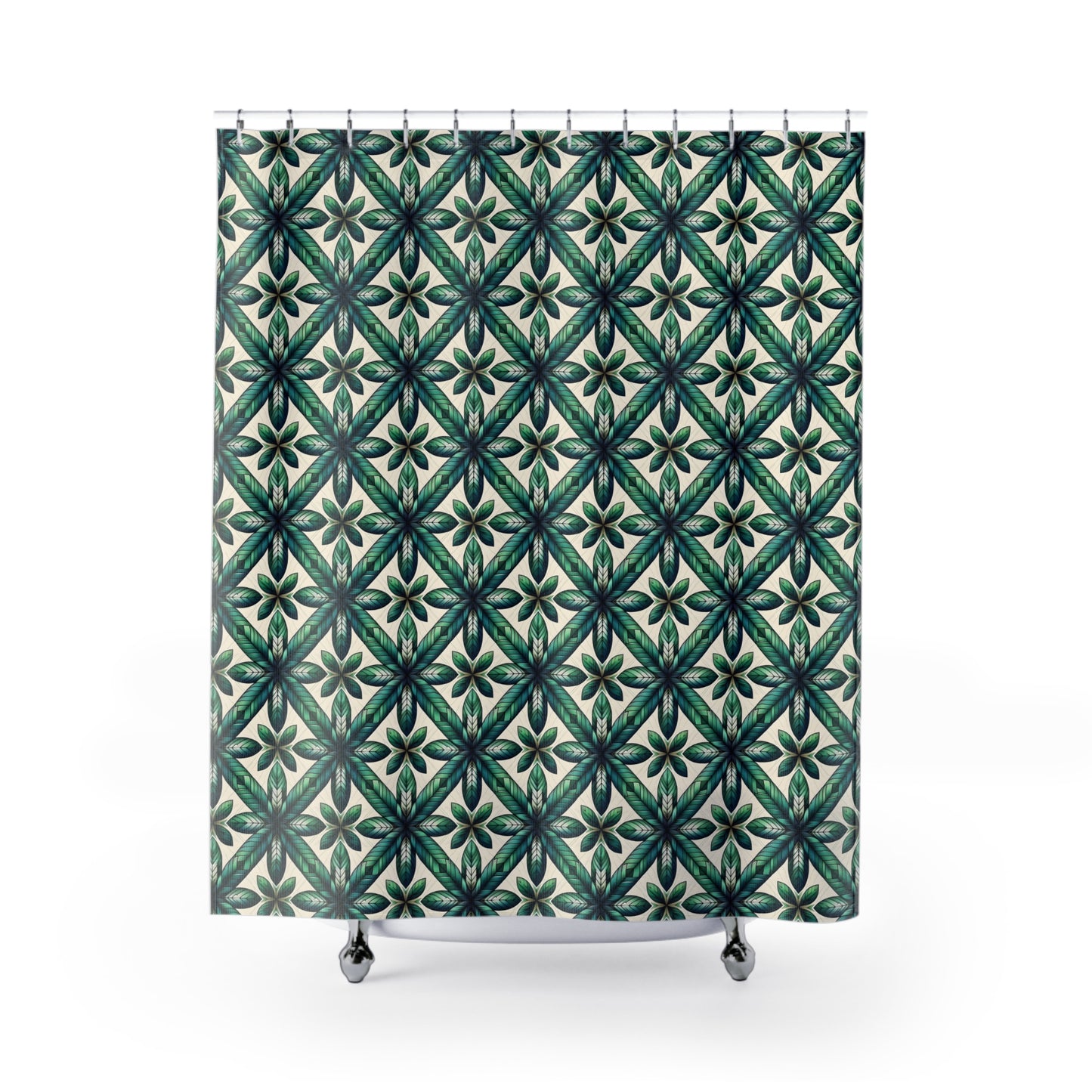 Green Tile Pattern Shower Curtain — Botanical Geometric Bath Decor