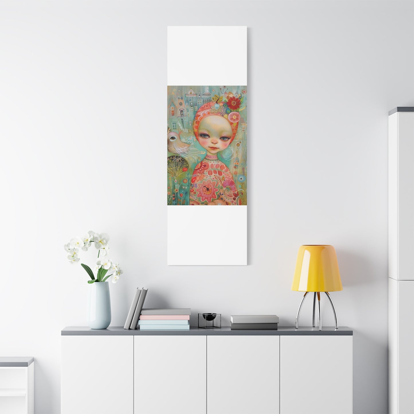 Whimsical Girl & Bird Matte Canvas Wall Art — Stretched Decorative Painting