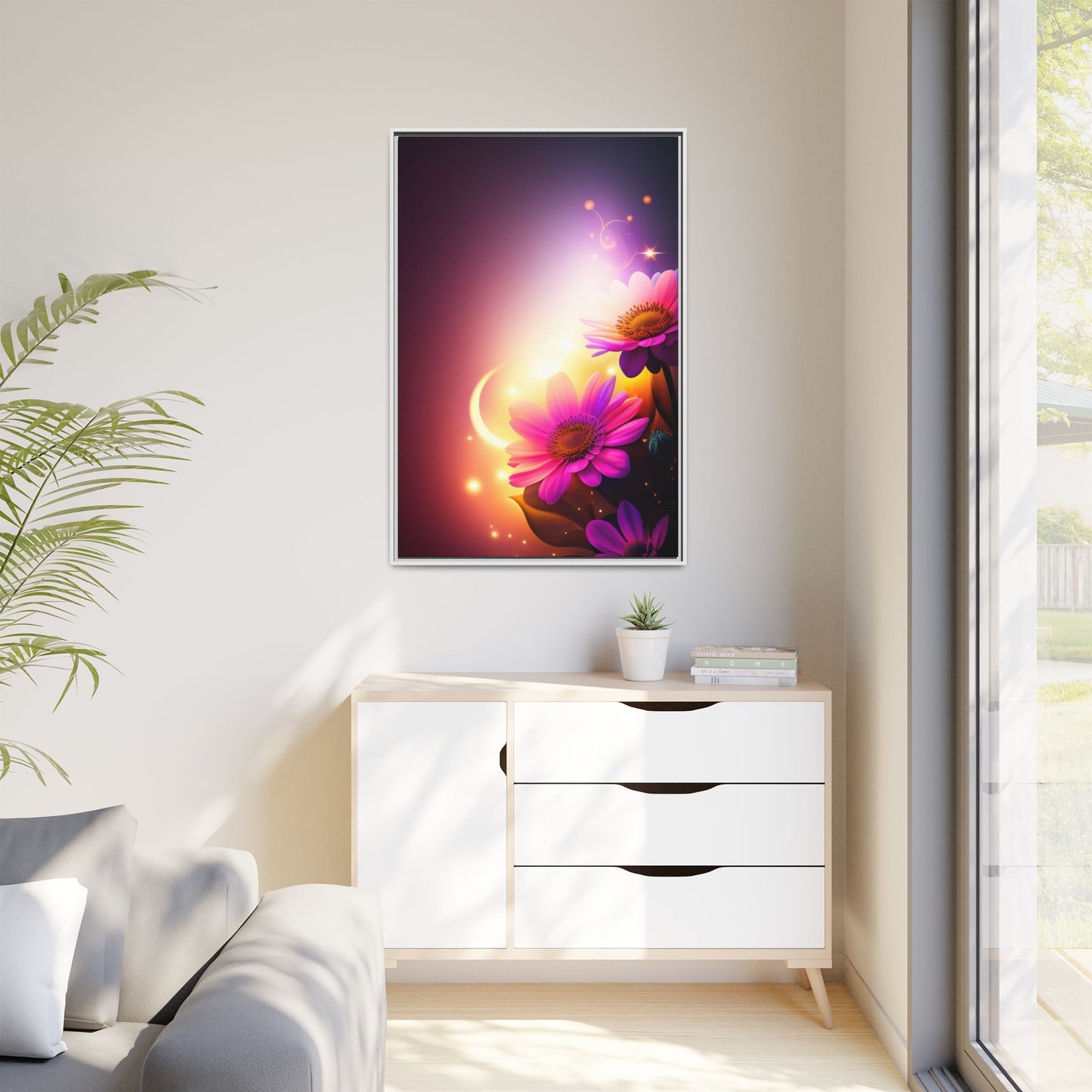 Framed Floral Canvas Art — Pink Daisies Sunset Wall Print