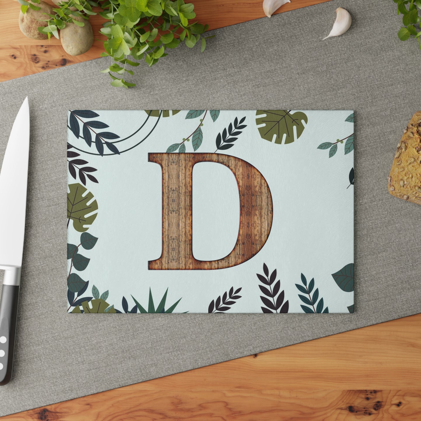 Monogram D Wood Letter Glass Cutting Board – Botanical Initial Kitchen Decor
