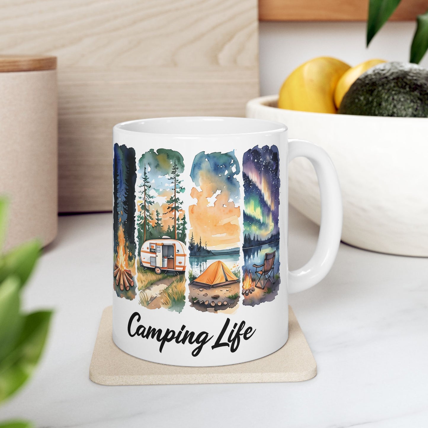 Camping Life Ceramic Mug — Scenic Campfire & Northern Lights Coffee Cup (11oz/15oz)