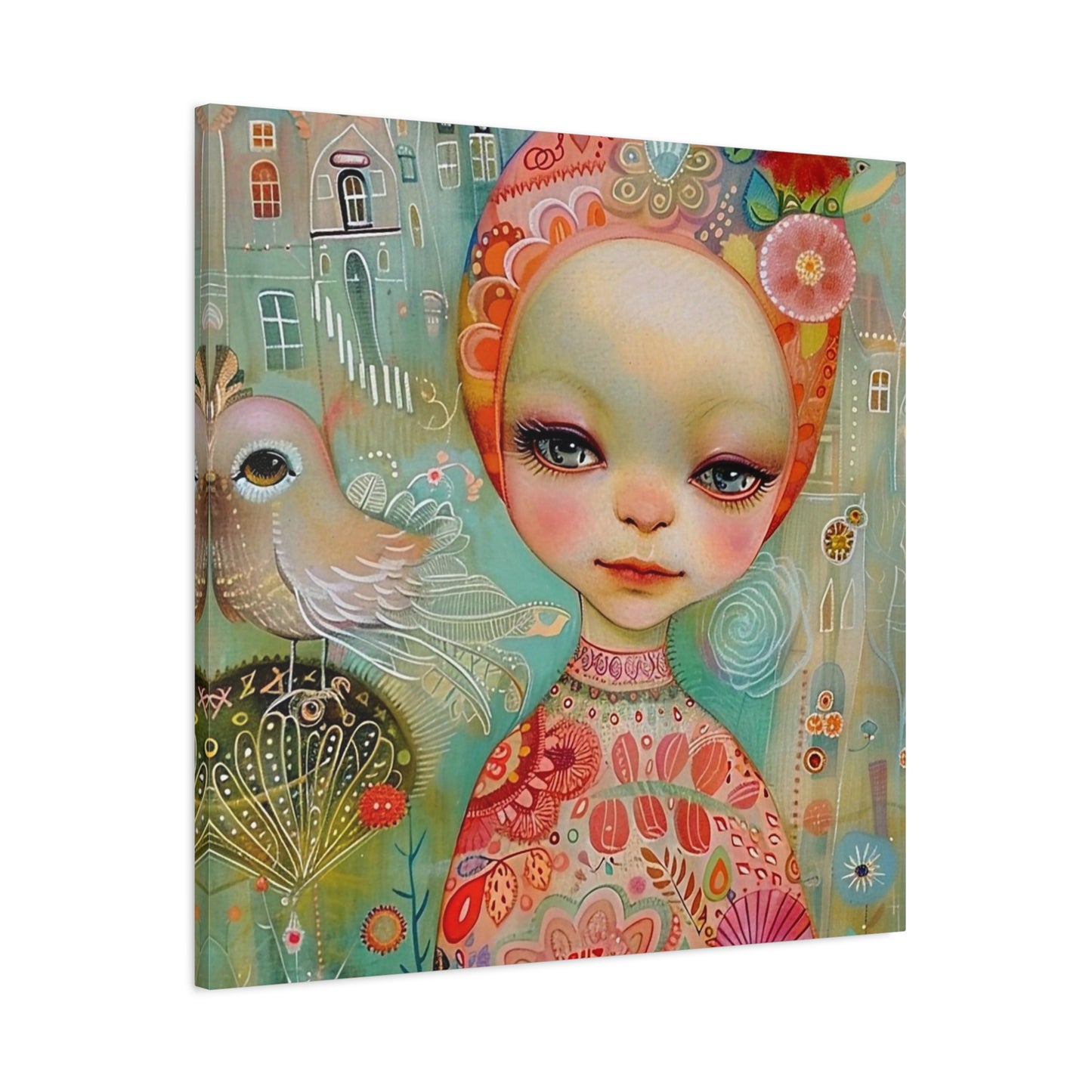 Whimsical Girl & Bird Matte Canvas Wall Art — Stretched Decorative Painting