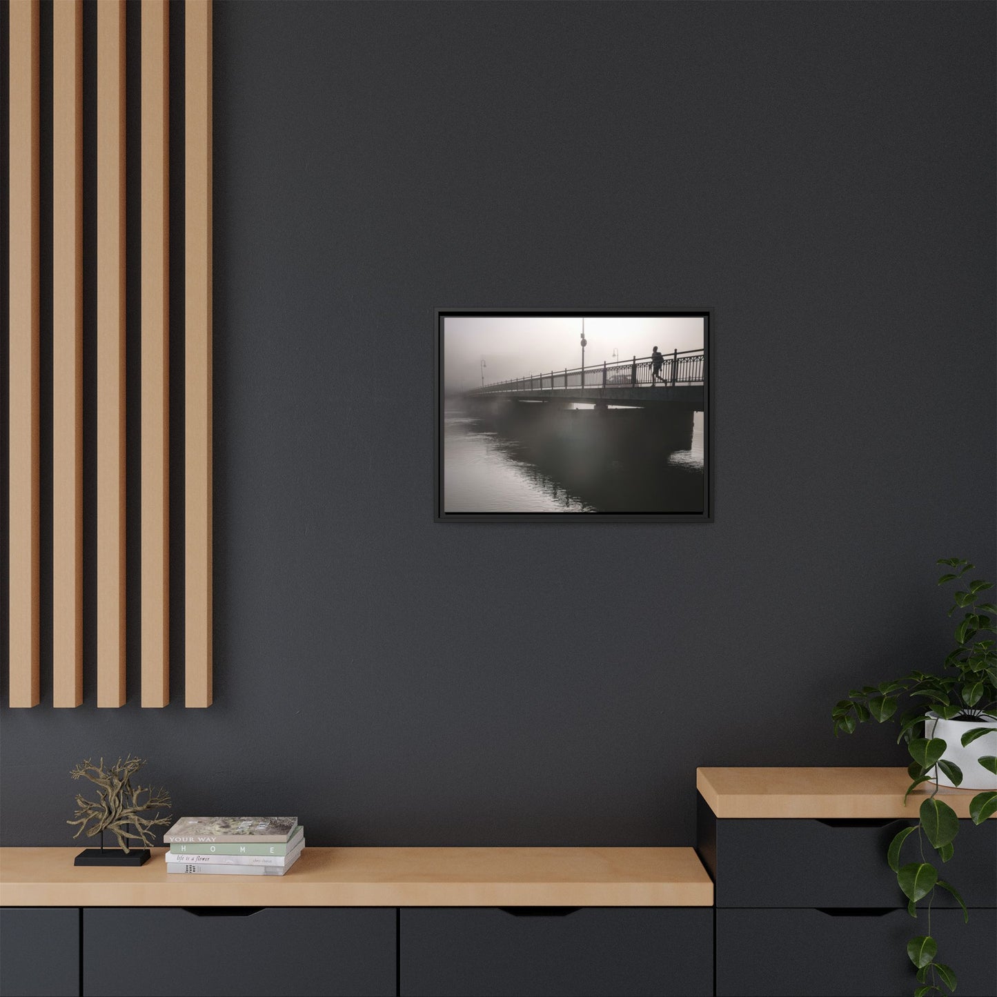 Framed Matte Canvas - Foggy Bridge Black & White Photography