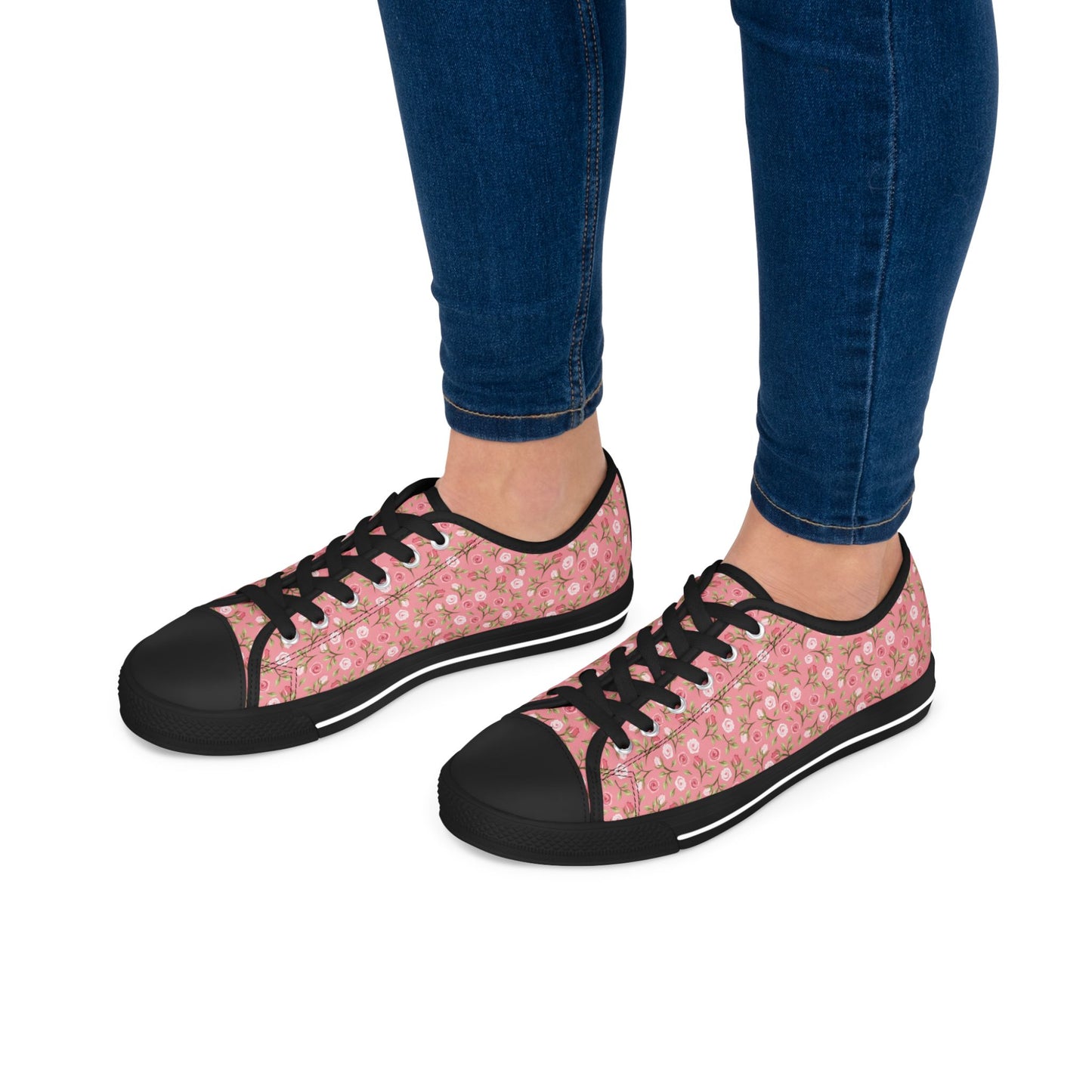 Floral Pink Low Top Sneakers — Women's Cute Rose Pattern Canvas Shoes